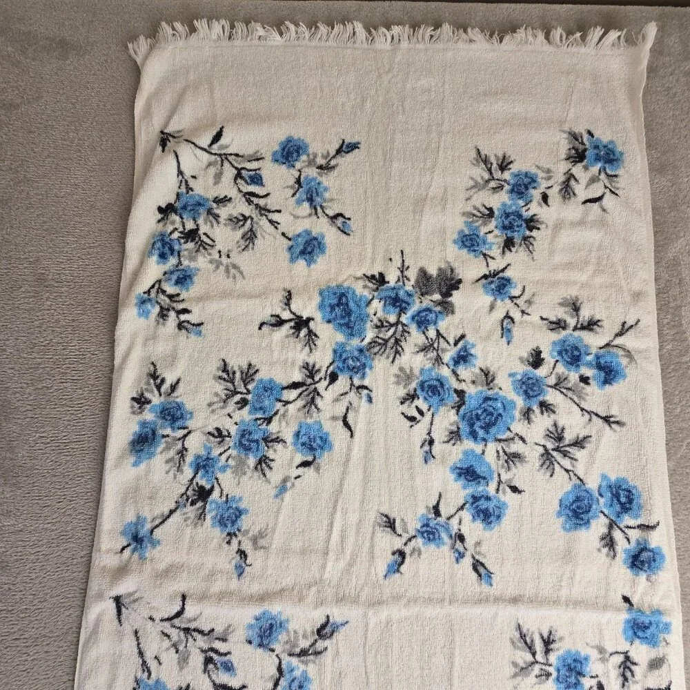 Vintage Bath Towel Blue Rose Floral Fringe Martex USA 23x47 70s Cottagecore Boho